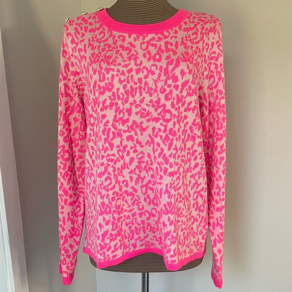 Lilly Pulitzer Morgen Jacquard Pink Leopard Animal Sweater Size XL EUC